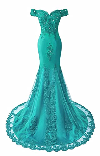 Off The Shoulder Prom Dresses Long Mermaid Sweetheart Beaded Lace Formal Evening Ball Gowns for Women Turquoise