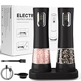 2 Pack Electric Salt and Pepper Grinder Set, Rechargeable Automatic Pepper Mill with Base,5-Level Adjustable Coarseness, Display, LED Lighting, Large Capacity-Ideal for Kitchen, BBQ Gifts (2, Black)