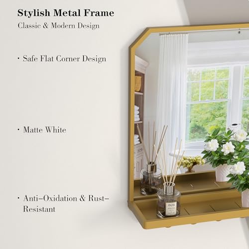 Image of BEAUTME Rectangular Bathroom Mirror with Shelf, 20x16 inch Metal Frame Wall Mirrors with Hooks, Modern Vanity Mirror Wall Mounted for Living Room Bathroom Entryway, Vertical (Gold)
