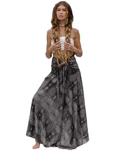 Image of Women's Boho Maxi Long Skirt & Dress - 2-in-1 Convertible Mandala Floral Hippie Outfit - Summer Beachwear, Fair Trade
