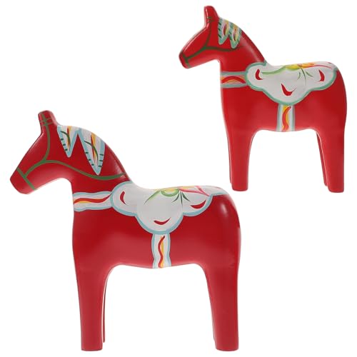 OHPHCALL Adorno de Caballo de Madera Pintado Rojo Decoración Creativa para Escritorio y Hogar Set de 2 Figuras Compactas de Madera Natural Adecuado para Sala Habitación Infantil y