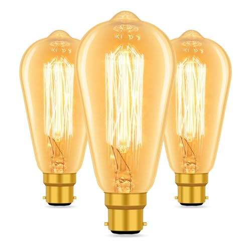 Caldarax 3 Pack ST64 Edison Bulbs, B22 Bayonet Retro Filament Light, Amber Warm White 2700K, 600LM, Industrial Style Antique Decorative