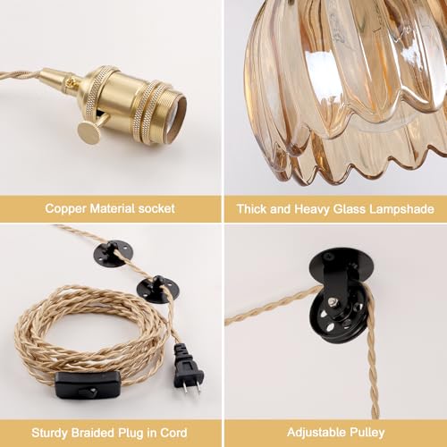 Image of Shenmoyl Plug in Pendant Light Hanging Light Fixture Corded On /Off Switch Brass Pendant Light with Amber Tulip Glass Lampshade for Bedroom Living Room Kitchen Island