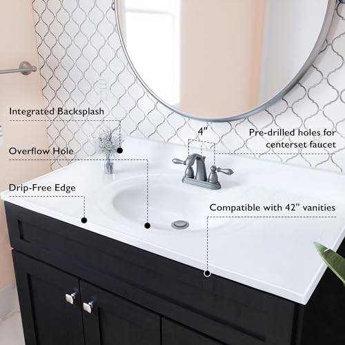 Image of Design House Cultured Marble Vanity Top, 43 in W x 22 in D, Integrated 4 in Centerset Oval Sink & Backsplash, Solid White, 586156