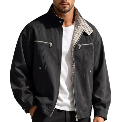 TERGHTP Mens Bomber Jacket Stand Collar Plaid Contrast Casual Jacket - image 7