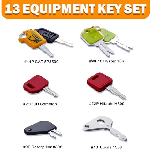 Image of 13 Contractors Heavy Equipment Keys Master Set, Construction Agricultural Ignition Keys | For CAT Caterpillar Komatsu Kubota John Deere New Holland JCB Case Hitachi Hyster Takeuchi Kobelco