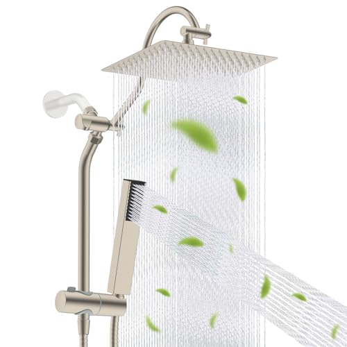 Hibbent cUPC Certified High Pressure 12'' Rainfall Shower Head, Showerhead Combo with 4-Mode Handheld Spray, 12'' Adjustable Extension Arm, Extension Bar, Easy Reach Holder, 71'' Hose, Brush