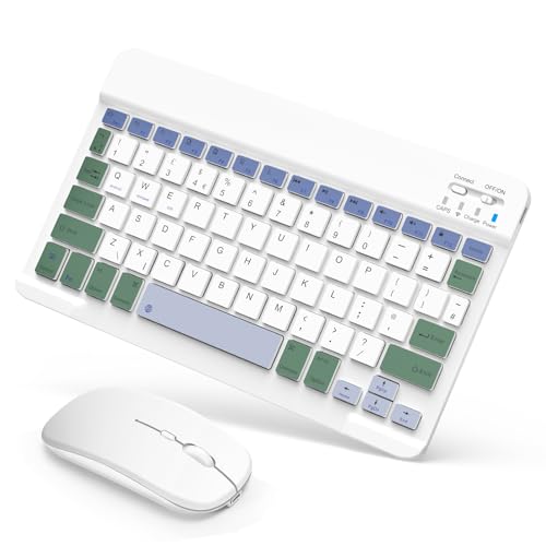 SOPPY Portable Bluetooth Keyboard and Mouse, Rechargeable Mini Keyboard, Wireless Keyboards for iPad 9.7/10.2/iPad Air/Pro/Tablets/iOS/Android/Windows, UK Layout (White & Green)
