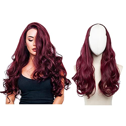 SARLA Burgundy Clip in U Part Hair Extensions Synthetic Long Wavy Curly Thick Full Head Hairpiece for Women Wine Red 24 Inch