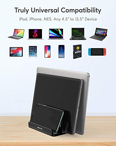 Vertical Laptop Stand - AboveTEK - 3 Slots for Computer, Tablet, Phone - Fits All Laptop Models (up to 17.3\") - Heavy Duty Polished Aluminum Desktop Holder - Anti Slide Silicone Grips - Black