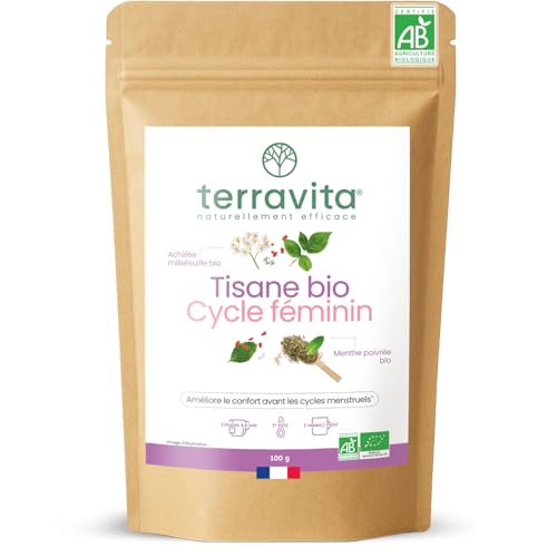 Tisane Cycle Féminin BIO | 7 Plantes Bio pour Soulager Règles et SPM | Avec Feuilles de Framboisier | Infusion Sans Caféine ni Théine | Sans OGM ni Additifs | 100g | Made in France | Terravita