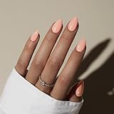 KQueenest Lot de 30 faux ongles courts en gel souple à coller - Corail rose clair - Amande - Couleur unie - Avec colle - Brillant - Naturel - Pour femme