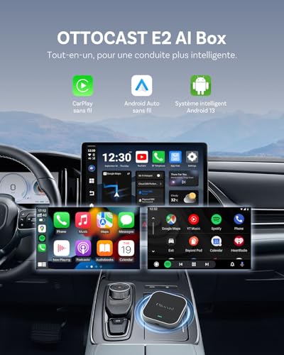 Boîtier AI CarPlay et Android Auto sans fil OTTOCAST E2, Android 13, 4+64 Go