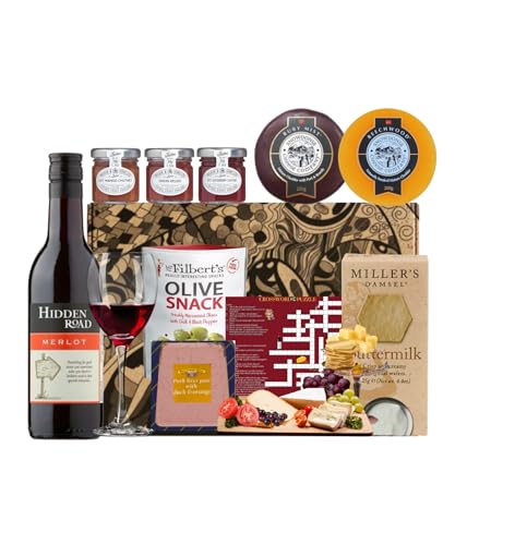 The Snowdonia Cheese and Red Wine Hamper Set - 2 Award Winning Cheeses, Snowdonia Rhubarb Gin and Pear Cognac Chutneys, Olives, Butter Milk Biscuits - Cheese Gift Set for both Men and Women