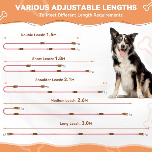 PETCOOZ Hundeleine 3 M Verstellbare Schleppleine für Mittel- & Großhunde(15-60kg), Reflektierende Freihandleine mit 2 Karabiner, Doppelleine aus Robustem Nylon, 200 kg Extreme Kraft