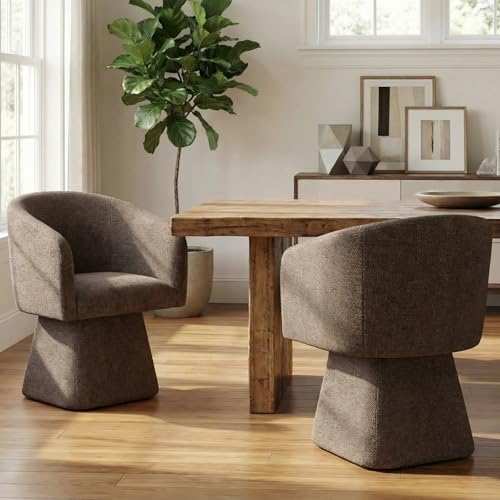 Image of VKNOW Upholstered Swivel Dining Chairs Set of 2 with Barrel Back and Arm | Modern Accent Arm Chair with Thickened Cushion, Soft Chenille Fabric, for Dining Room, Living Room, Vanity, Dark Brown