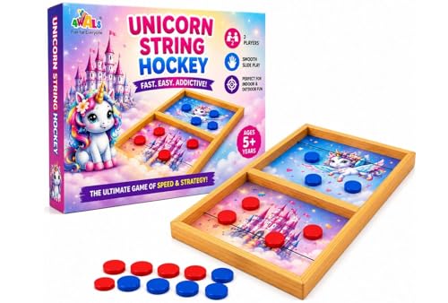 Image of Unicorn String Hockey Game for Kids & Family | Fast Sling Puck Board Game with 5 Red & 5 Blue Coins | Wooden Tabletop Indoor Outdoor Game | Birthday Return Gift for Boys Girls Age 5+