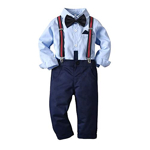 Teansan Completo in Due Pezzi per Ragazzo, Camicia a Maniche Lunghe con Cravatta/Papillon ＋ Pantaloni con Bretelle, 1-6 Anni #033 (Color : Blue, Size : 4years)