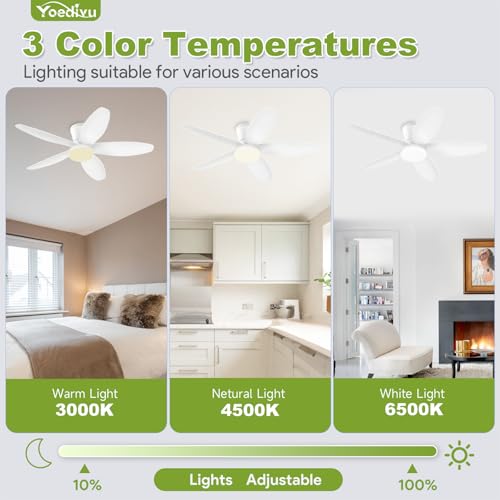Image of White Ceiling Fan with Light, 42 Inch Low Profile Flush Mount Ceiling Fan 6-Speed Wind, Quiet Reversible DC Motor, 3 Color Dimmable Lighting, Small Ceiling Fans for Living Room /Kitchen /Bedroom