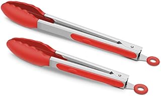 Set of 2 Kitchen Tongs 9-Inch & 12-Inch, Premium Stainless Steel BPA Free Silicone Non-Stick Grilling Barbeque Cooking Locking Food Tongs, Red