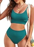 Herseas Women Bikini Sets Solid Color Knit Ribbed Two Piece Longline Swimsuit Cheeky Scoop Neck Tummy Control Best Bathing Suits Beach Vacation Outfits Peacock Blue Large