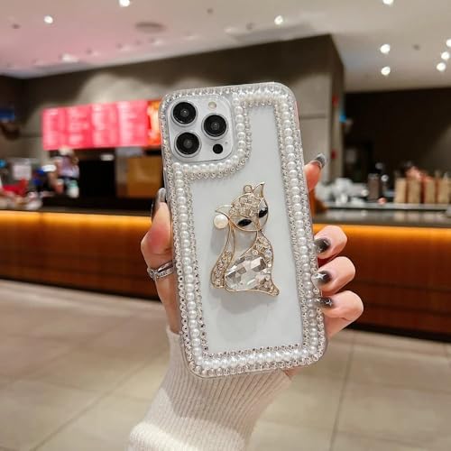 Image of COVERLY Luxury 3D Rhinestone Pearl Diamond Bling Kitty Phone Case for iPhone 15 Pro Max - Sparkle DIY Handmade Crystal Design, Soft Fashion Protective Case with Adorable Phone Charm for Women & Girls