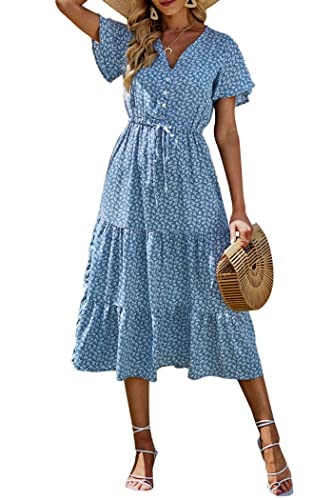 PRETTYGARDEN Summer Floral Dress for Women 2025 Casual Boho Short Sleeve Maxi Dresses V Neck Tiered Flowy Beach Sundress