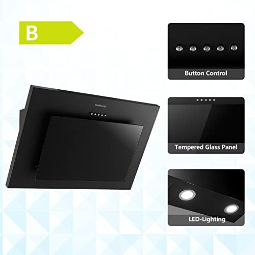 Cooker Hood 60cm, Cooker Extractor Hood Tempered Glass Stainless Steel Kitchen Extractor, 3 Speed Touch Control, LED Light, Black, TopStrong [Energy Class B]