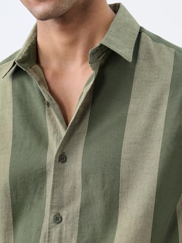 Image of The Souled Store Cotton Linen Stripes: Apricot Men and Boys Long Sleeves Collared Neck Orange Stripes Regular Fit Lightweight Comfortable Summer Cotton Linen Shirts