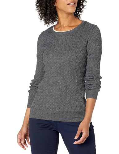 Amazon Essentials Women's Lightweight Cable Knit Long-Sleeve Crewneck Jumper (Available in Plus Size), Charcoal Heather, M