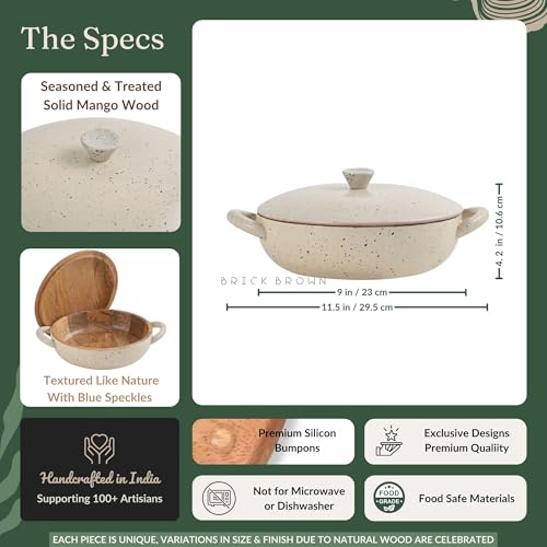 Image of Brick Brown Pebble Wooden Roti Box with Handle | Chapati Box for Kitchen | Roti Casserole Hot Pot with Lid | Case Roti Dabba Server for Dining Table | Handmade Roti Container (11.5x9x4.4 in)