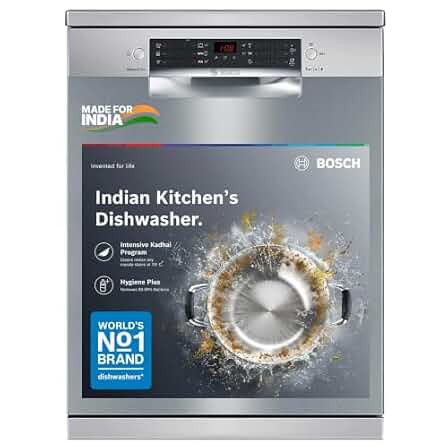 Bosch 15 Place Setting (fits up to 80 utensils) Free-Standing Dishwasher for Indian Utensils | Hygiene+ & Intensive Kadhai Program (SMS46KI03I, Inbuilt Heater, Removes 99.9% Germs, Silver Inox)