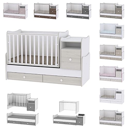 Lorelli Lit bébé évolutif/combiné Trend Plus Chêne Clair (Le lit se transforme en : lit d'adolescent, Bureau, Armoire Multi-Fonction)