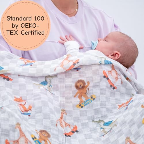 Image of LollyBanks 100% Cotton Muslin Swaddle Blanket, Gentle and Soft Baby Blankets for Boys and Girls, Lightweight 47 x 47 Inches Newborn Receiving Blanket, Newborn Essentials (Animal Skate Print)