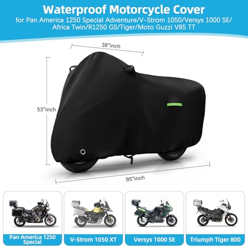 Image of Motorcycle Cover Waterproof for Pan America 1250 Special Adventure /V-Strom 1050 /Versys 1000 SE /Tiger, Heavy Duty Sun UV Dust Rain All Weather Protection Motorbike Cover with Cotton Lining & Lock Hole