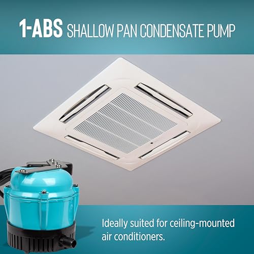 Image of Little Giant 1-ABS 230-volt, 50 /60 Hz, 1 /150 HP, 205 GPH Automatic Shallow Pan Condensate Removal Pump for Ceiling Mounted Air Conditioners or Dehumidifiers with 11' lead wires, Black /Blue, 550532