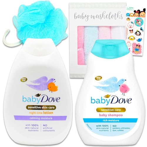 Image of Dove Baby Gift Set - Bundle with Unscented Dove Baby Lotion, Baby Shampoo, Washclothes, Loofah Sponge, More for Babies with Sensitive Skin | Dove Baby Bath Set Newborn Gift