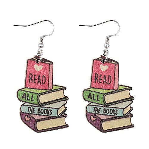 Funny Wooden Stackable Book Pencil Drop Dangle Earrings Stack of Books for Women Classic Librarian Teacher Student Graduation Back to School Jewelry