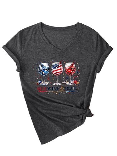 Red Wine Blue 4th of July Shirts for Women Patriotic Independence Day V Neck T Shirt Short Sleeve Summer Top