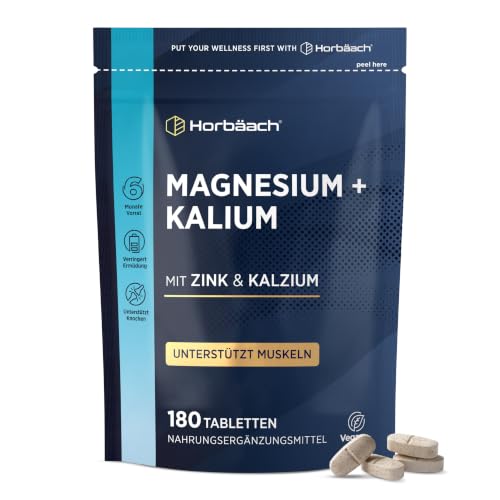 Magnesium Kalium Komplex mit Calcium Zink | 6 Monate Vorrat - 180 Vegane Tabletten | Hochdosiert | Basenpulver Tabletten | von Horbaach