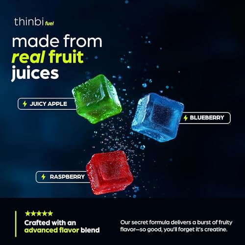 Image of Thinbi Creatine Gummies, Blueberry Raspberry and Apple, 120 Count | 5-in-1 formula, 5 g creatine per serving, Third-party tested, Chewable gummies, Gluten free