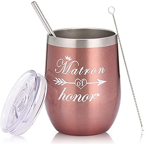 Bachelorette Party Gifts for Matron of Honor-12 OZ Stainless Steel Wine Cup With Straw for Bridesmaid-Bridal Shower Proposal Gifts -Prefect Wedding Gifts . (White) Cover