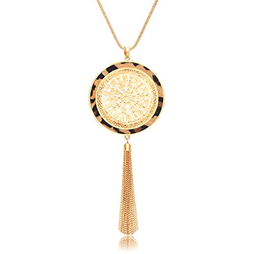 XOCARTIGE Long Necklaces for Women Filigree Quatrefoil Pendant Necklace Leopard Horsehair Y Chain Necklaces Bohemia Fringe Tassel Necklace (Leoaprd-Round)