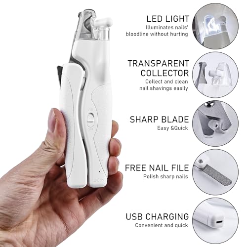GOMETY Profi LED Hunde & Katzen Nagelknipser: Ergonomischer Griff, Sicherheitsverriegelung, für Mittlere & Kleine Haustiere (Transparent/Silber)