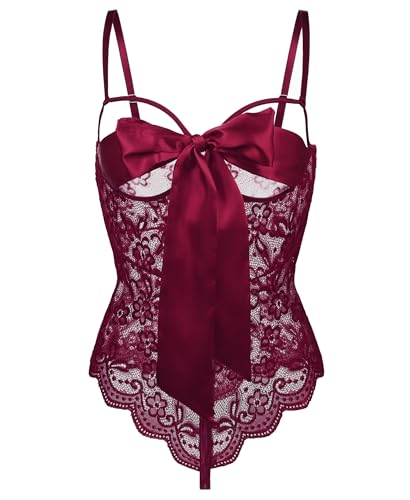 Donnalla Lingerie for Women Sexy Bodysuit Self Knot Front Floral Lace Teddy One Piece Babydoll Naughty Lingerie