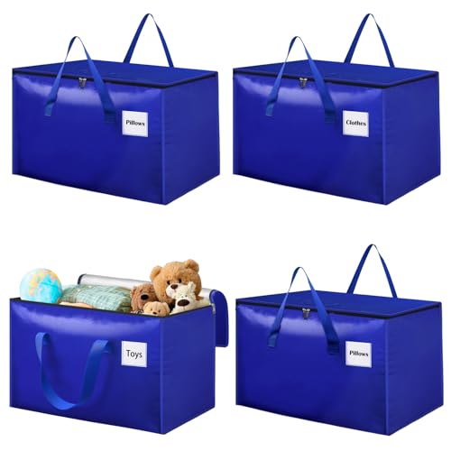 Withosent 100L Grande Bolsa de Almacenamiento, 4 Piezas Impermeable Bolsas de Mudanza con Cremallera y Asa, Bolsas para Guardar Ropa Edredones, Alternativa a las Cajas de Mudanza, Azul