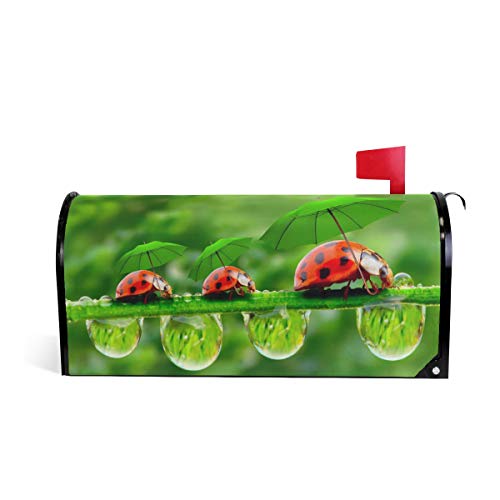 WOOR Funny Ladybug Holding Umbrellas on Green Background Magnetic Mailbox Cover MailWraps Garden Yard Home Decor for Outside Standard Size-18