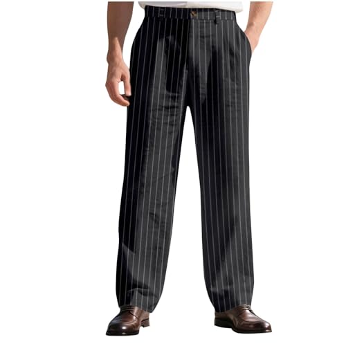 Men's Striped Linen Casual Pants, Business Office Wide Leg Formal Pants Button Waist Lightweight Trousers with Pockets