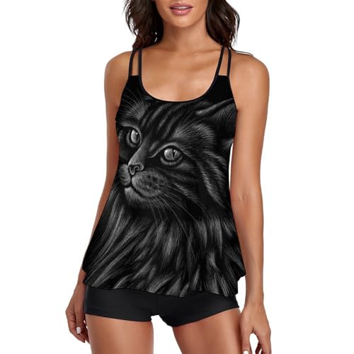 Maillot de bain tankini chat noir imprimé artistique avec robe plage fluide