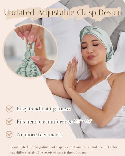 HFRHTGY Adjustable Silk Satin Hair Bonnet for Sleeping Women Hair Wrap, Double Layer Night Turban, Sleep Cap for Natural Curly Straight Unisex - Green — view 2